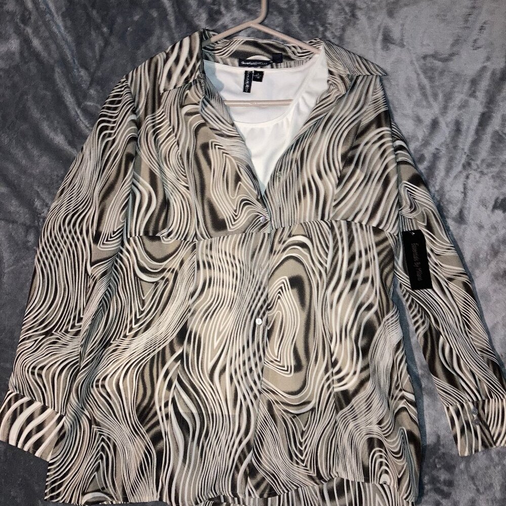 Essentials by Milano large brown sheer blouse abstract design 2995–2090 NWT